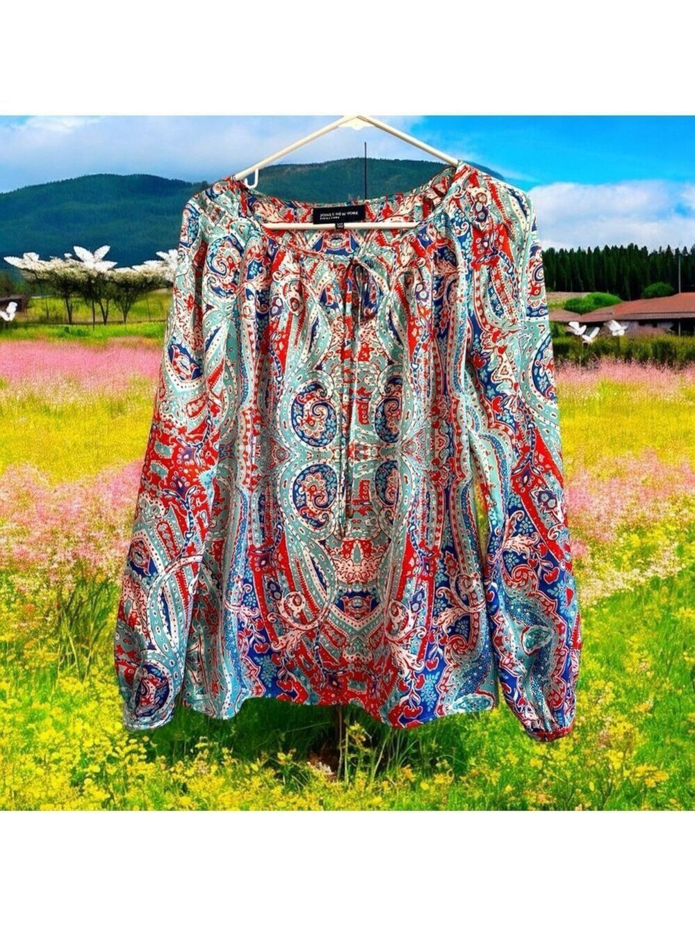 Jones New York Signature Paisley Tunic Womens Small Blue & Red Balloon Sleeves